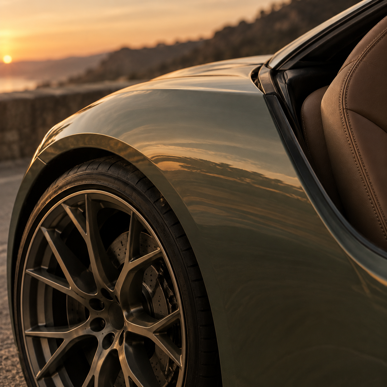 Sage green sports car with bronze wheels at sunset