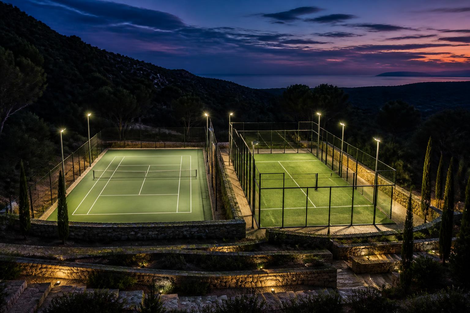Tennis and padel courts at dusk in a Mediterranean landscape