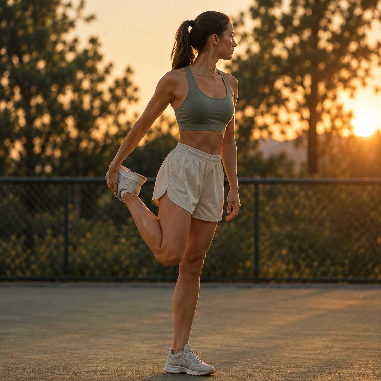 Athlete stretching on an outdoor court at sunset